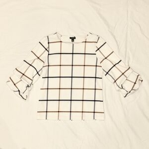 Ann Taylor White Top with Black/Brown Window Pane Pattern, XS